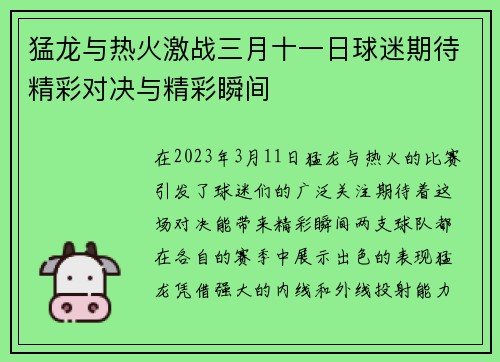 猛龙与热火激战三月十一日球迷期待精彩对决与精彩瞬间